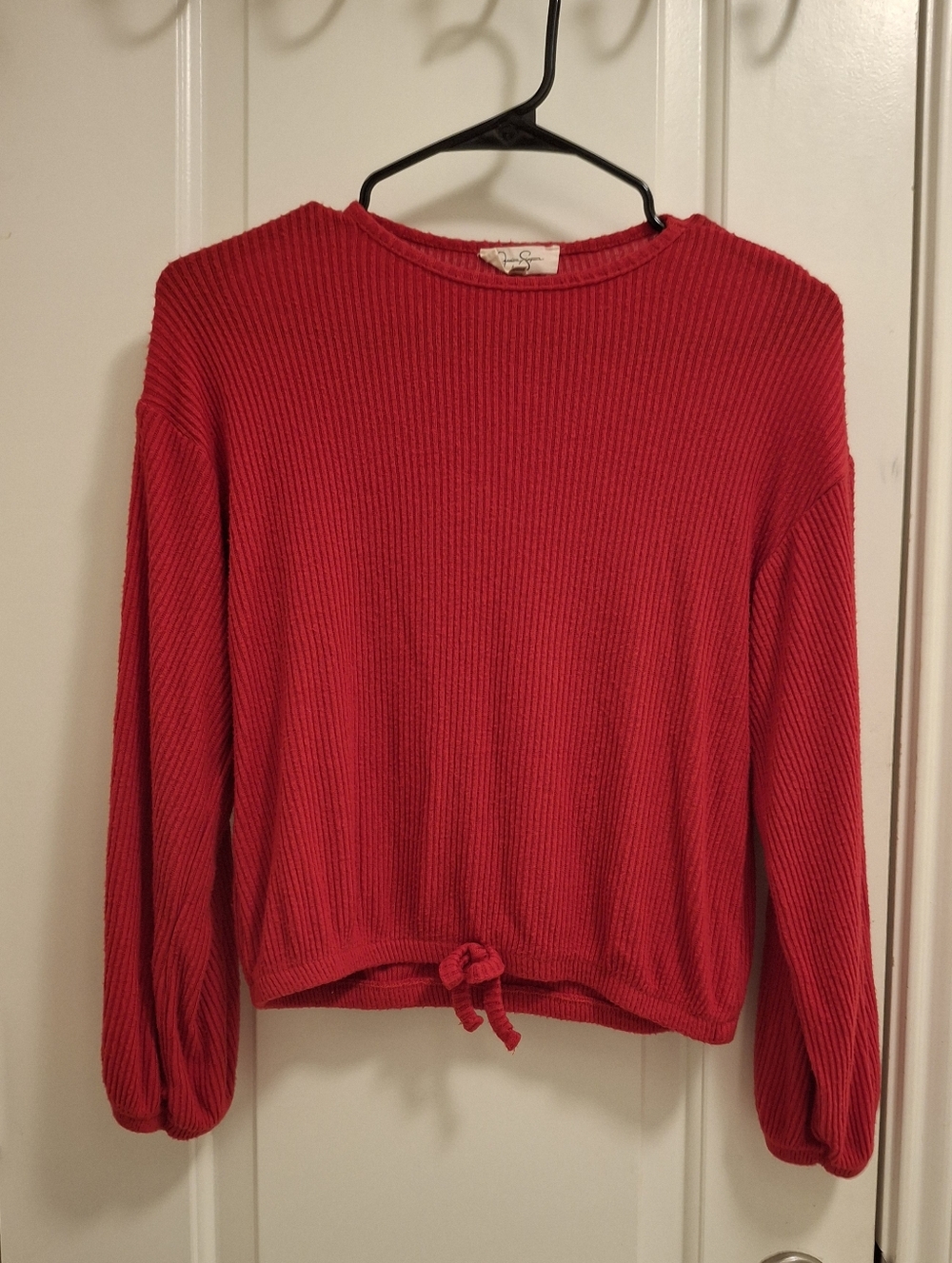 Jessica Simpson Red Ribbed Tie-Hem Crewneck Sweater